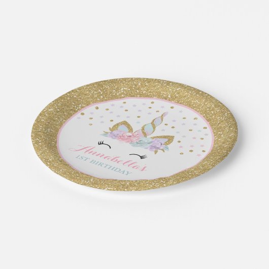 Unicorn-Rosa und Goldpapierplatte 7" PapierTeller (Schrägansicht)