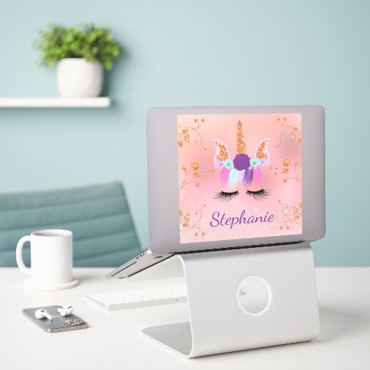 Unicorn Rose Gold Glitzer Personalisierter Name Aufkleber (Laptop auf Schreibtisch)