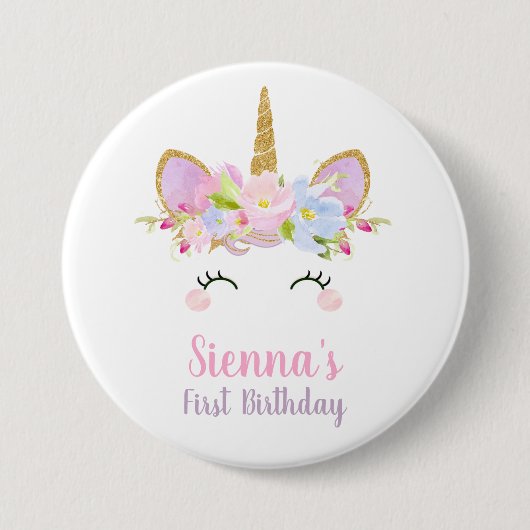 Unicorn Round Abzeichen 1st Birthday Girl Button (Vorderseite)