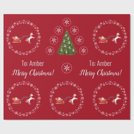 Unicorn Santa's Sleigh Personalize Name Merry Xmas Geschenkpapier (Flach)
