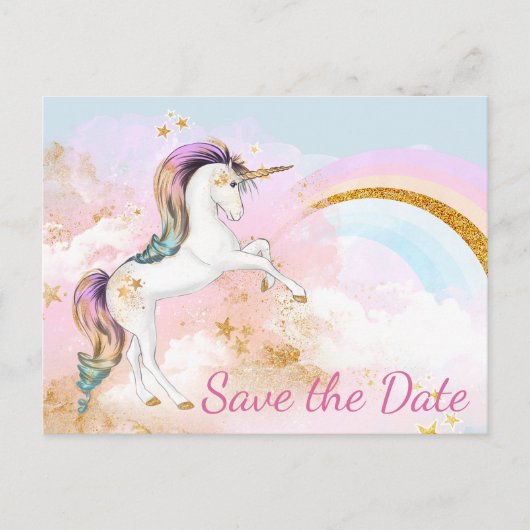 Unicorn-Save the Date Postkarten (Vorderseite)