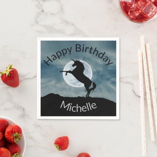 Unicorn Silhouette Moon Happy Birthday Add Name Serviette (Beispiel)