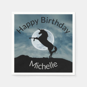 Unicorn Silhouette Moon Happy Birthday Add Name Serviette