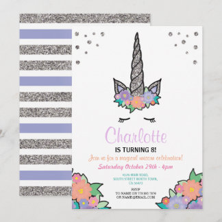 Unicorn Silver Glitzer Floral Geburtstag Einladung