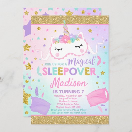 Unicorn Sleepover Party Einladung Slumber Party (Vorne/Hinten)
