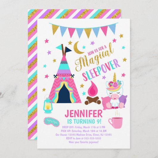 Unicorn Sleepover Party Geburtstag Einladung (Vorne/Hinten)