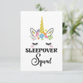 Unicorn Sleepover Squad Geburtstagssolumber Party Dankeskarte (Stehend Vorderseite)
