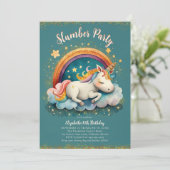 Unicorn Slumber Pajama Party Aquamarin Girl Geburt Einladung (Stehend Vorderseite)