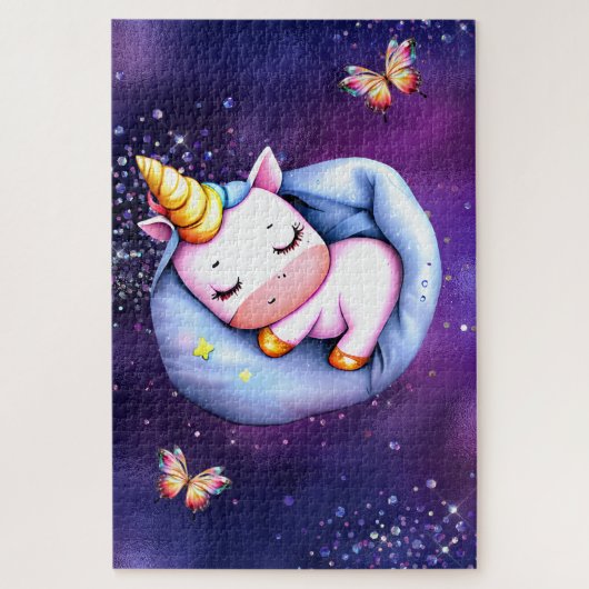 Unicorn slumber party pink purple glitter stars  puzzle (Vertikal)