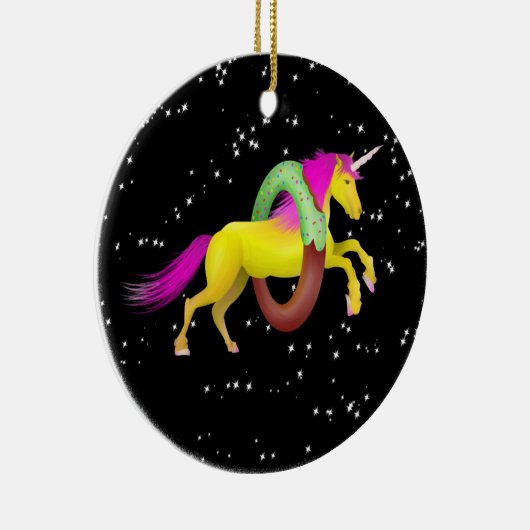 Unicorn springt durch eine Doughnut Keramik Ornament (Rechts)
