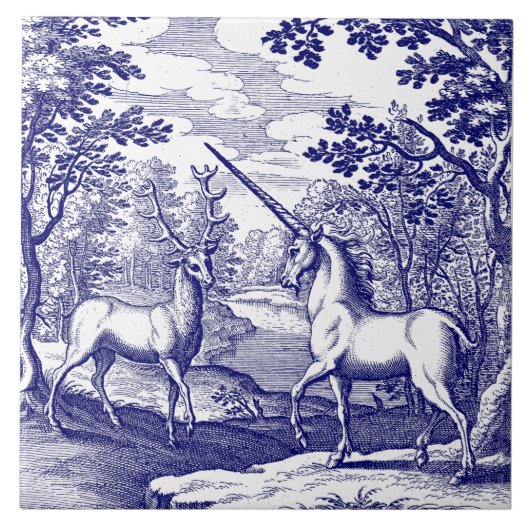 Unicorn & Stag Blue & White Fliese (Vorderseite)
