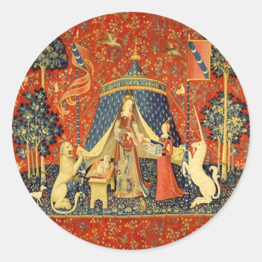 Unicorn Tapestries Lady Legend Mittelalter Runder Aufkleber (Vorderseite)