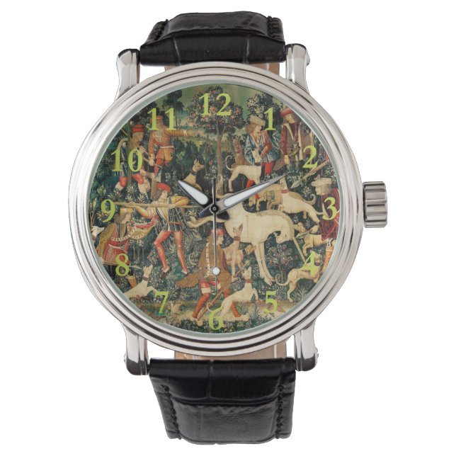 Unicorn Tapestries Mittelalterliche Klassische Ver Armbanduhr (Vorderseite)