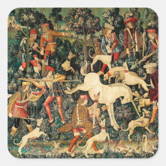 Unicorn Tapestries Mittelalterliche Klassische Ver Quadratischer Aufkleber (Vorderseite)