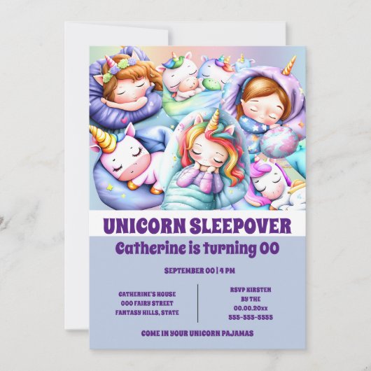 Unicorn-Theme-Schlitten-Slumber-Pyjama-Party Einladung (Vorderseite)