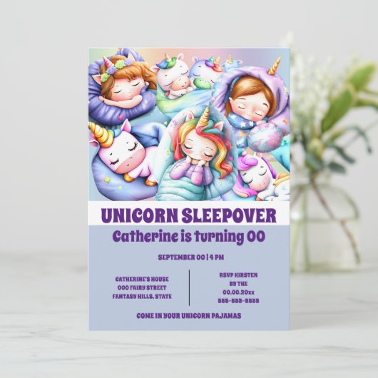 Unicorn-Theme-Schlitten-Slumber-Pyjama-Party Einladung (Stehend Vorderseite)