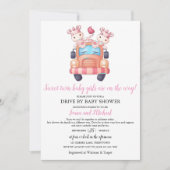 Unicorn Twin Girls Baby Dusche Pink Drive Through Einladung (Vorderseite)