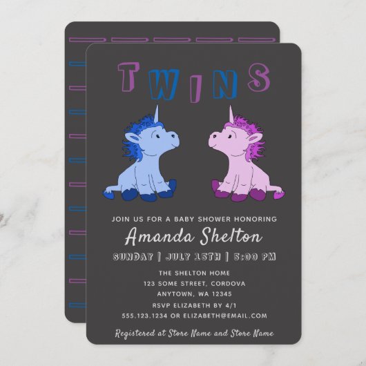 Unicorn Twins Baby Shower Einladungskarte Einladung (Vorne/Hinten)