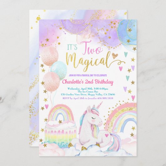 Unicorn Two Magical 2nd Birthday Party Pastel Einladung (Vorne/Hinten)