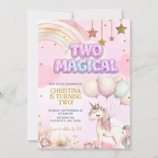 Unicorn Two Magical Pastel Birthday Invitation Einladung (Vorderseite)