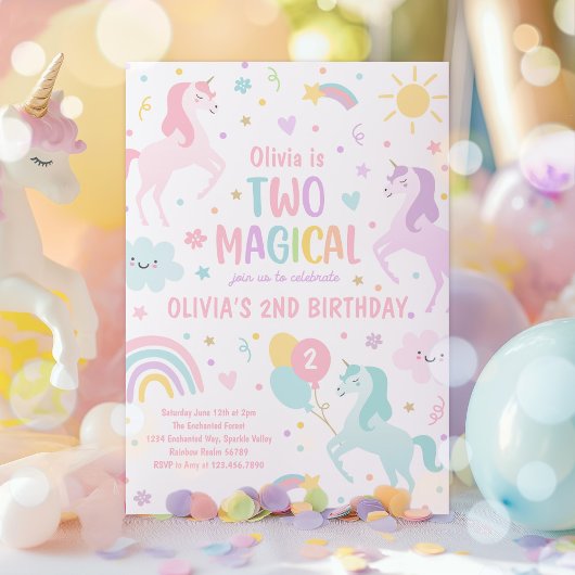 Unicorn Two Magical Pastel Rainbow 2. Geburtstag Einladung
