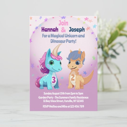 Unicorn und Dinosaurier Kids Party Einladung (Stehend Vorderseite)