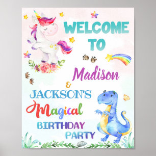 Unicorn und Dinosaurier willkommen Party-Zeichen M Poster