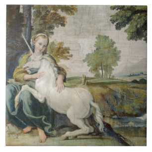 Unicorn und eine junge Frau (von Domenichino) Fliese