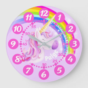 Unicorn und lila rosa Kunstkinder des Regenbogens Große Wanduhr