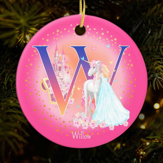 Unicorn und Princess Letter W Monogram Christmas Keramik Ornament