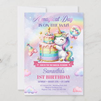 Unicorn und Rainbows Geburtstagskuchen ersten Gebu Einladung