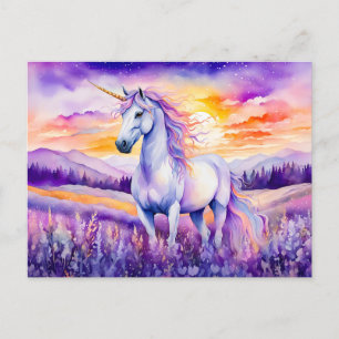 Unicorn unter Vibrant Sunset Rainbow Sky Postkarte