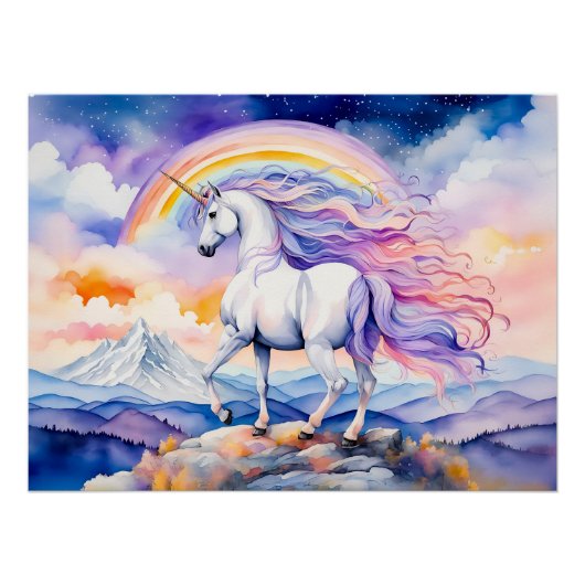 Unicorn unter weichen, pastelförmigen Regenbogenwo Poster (Vorderseite)