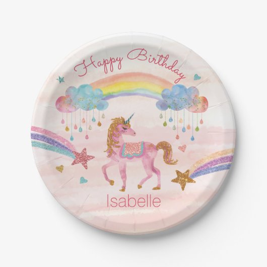 Unicorn Watercolor Faux Glitter Birthday Plate Pappteller (Vorderseite)