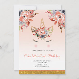 Unicorn Watercolor Florals Girly Peach Glitzer Einladung
