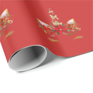 Unicorn-Weihnachtsfeiertags-BlumenRosen-Goldrot 1 Geschenkpapier
