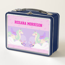 UNICORN WINGED ROSE PINK BLUE Metal Lunchbox