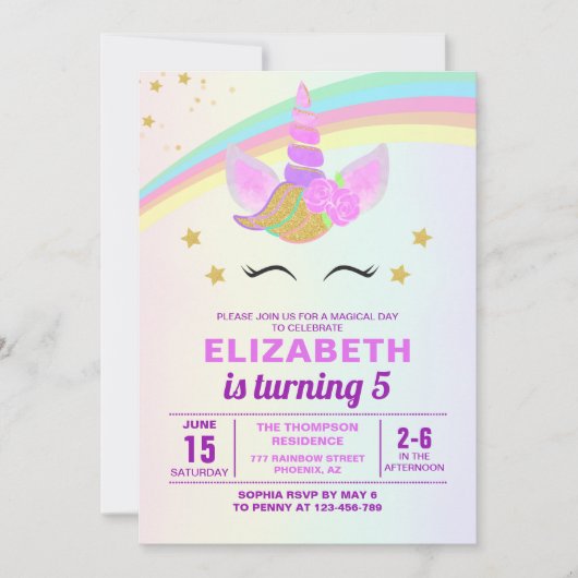 Unicorn with Magic Rainbow Birthday Girl Einladung (Vorderseite)