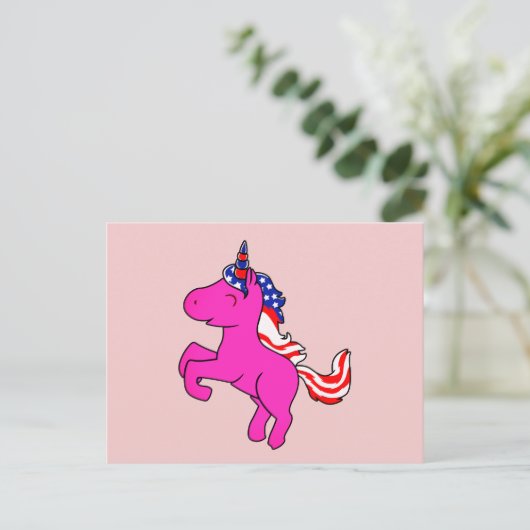 Unicorn Yarrow Pink Patriotic USA Flag Mane Art Postkarte (Stehend Vorderseite)