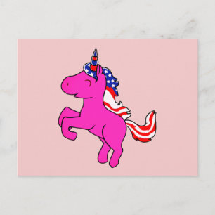 Unicorn Yarrow Pink Patriotic USA Flag Mane Art Postkarte