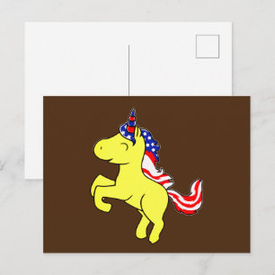 Unicorn Yellow Patriotic USA Flag Mane Cartoon Postkarte