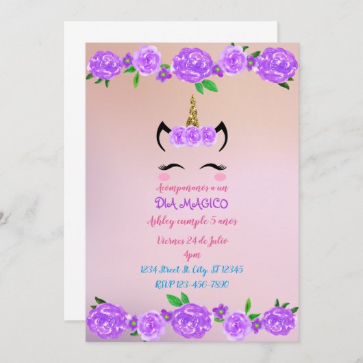 Unicornio Einladung (Vorne/Hinten)