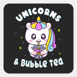 Unicorns And Bubble Tea Chibi Cute Unicorn Quadratischer Aufkleber