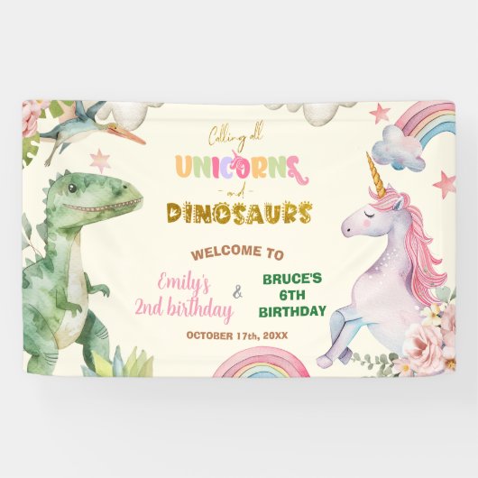 Unicorns and Dinosaurs Joint Sibling Welcome Sign Banner (Horizontal)