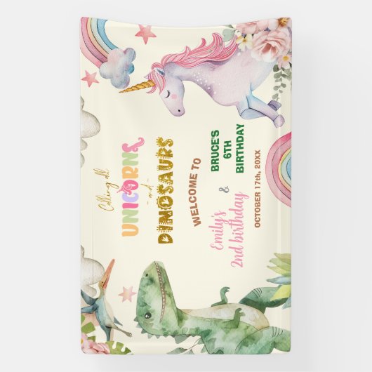 Unicorns and Dinosaurs Joint Sibling Welcome Sign Banner (Vertikal)
