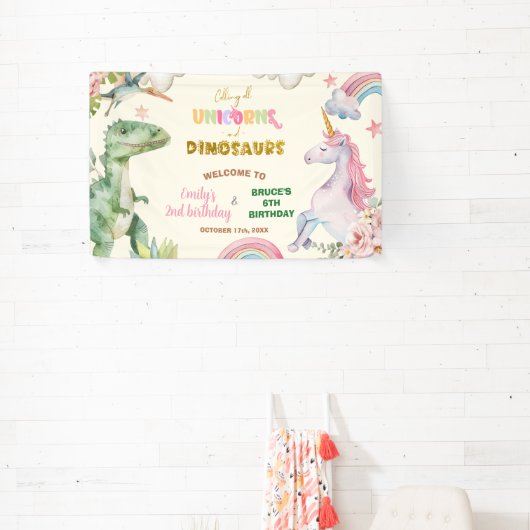Unicorns and Dinosaurs Joint Sibling Welcome Sign Banner (InSitu)