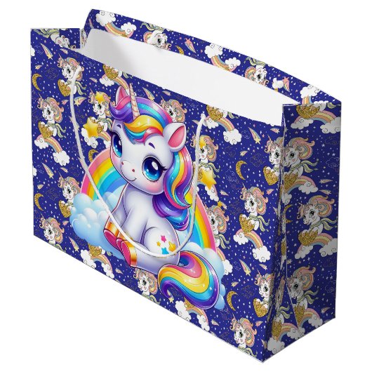 Unicorns and Rainbows Große Geschenktüte (Rückseite Schrägansicht)
