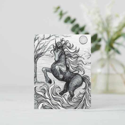 Unicorns Black Unicorn Schwarz & Weiß Zeichnend Postkarte (Stehend Vorderseite)