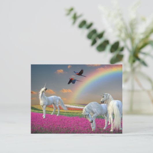 Unicorns Fantasy Rainbow Blume Landschaft Postkarte (Stehend Vorderseite)
