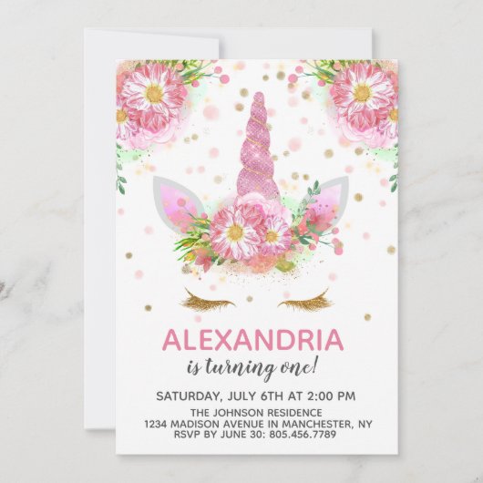 Unicorns in Bloom Birthday Einladung (Vorderseite)